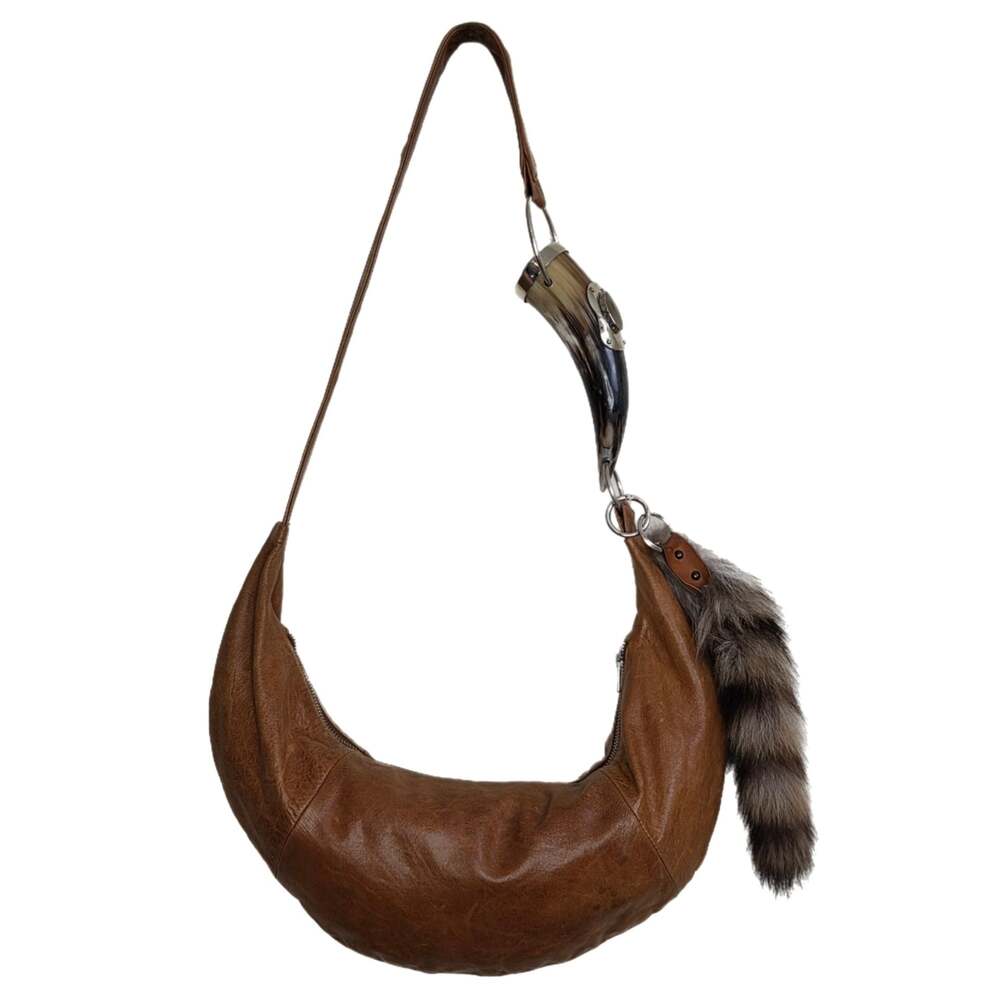 Rocío Martínez Brown Leather Shoulder Bag with Horn Handle and Fox Tail